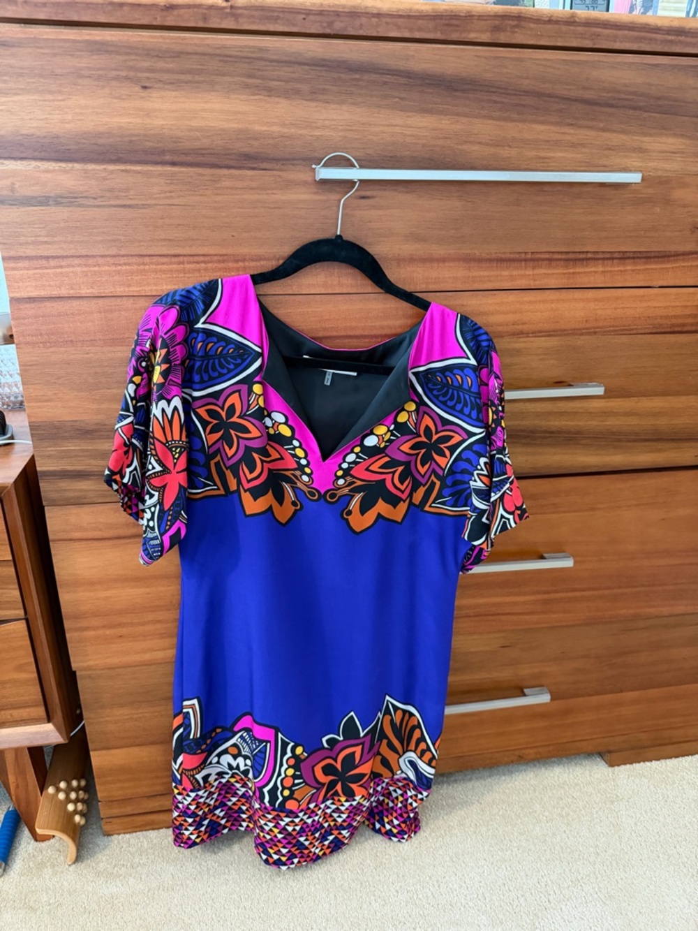 Trina Turk Blue Floral V-Neck Mini Dress with Pink and Orange Accents